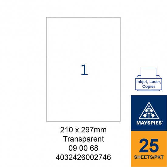 MAYSPIES 09 00 68 TRANSPARENT LABEL FOR INKJET / LASER / COPIER 25 SHEETS/PKT  210X297MM